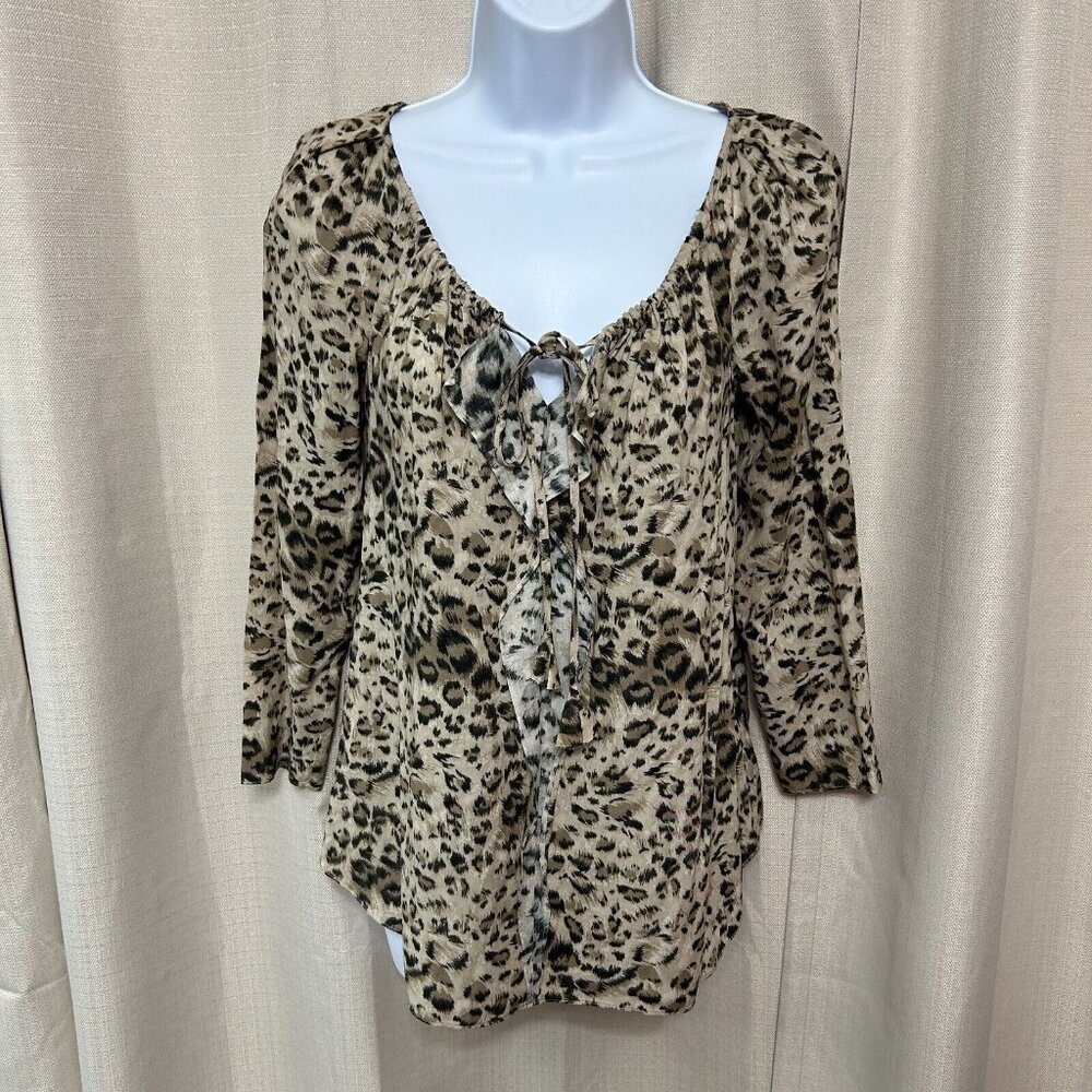Rebecca Taylor 3/4 Sleeve Ocelot Blouse Women's Size 0 Ruffle Tie Front NWT